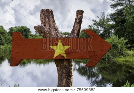 Vietnam wooden sign with a forest background