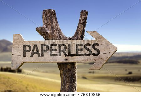 Paperless wooden sign with a deforestation on background 