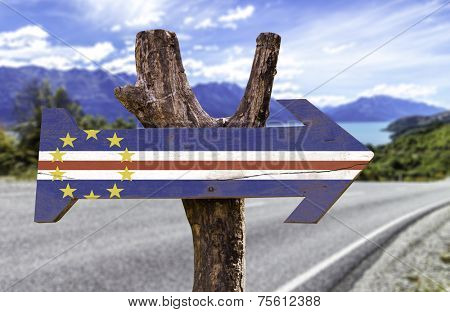 Cape Verde wooden sign with a road background