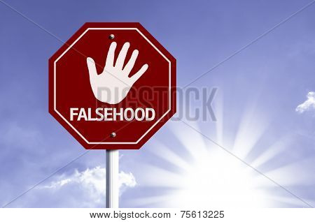 Stop Falsehood red sign with sun background 