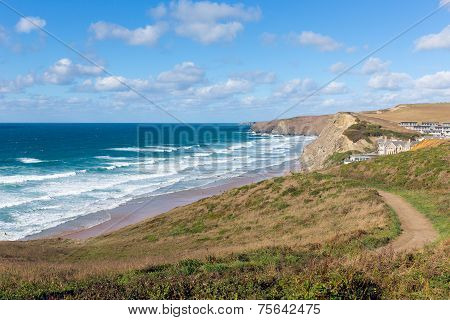 Coast path Watergate Bay Cornwall England UK Cornish north coast between Newquay and Padstow