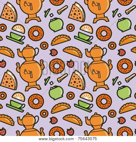 Tea party menu food and drinks seamless pattern. Editable vector illustration.