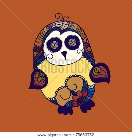Cute Doodle Monster. Vector Illustration. Vector Doodle Monster Look Like Owl. Hand Drawn Design.