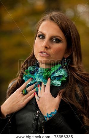 Blog Style Pretty Young Woman On A Walk In Forest On Late Autumn Day In Fashoinable Dress
