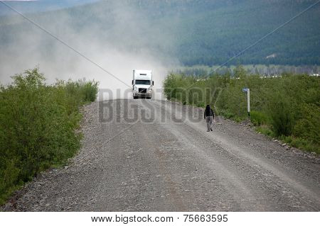 Man And Truck At Gravel Road Kolyma To Magadan Highway Yakutia