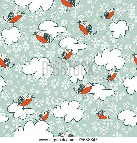 Seamless winter pattern with flying birds