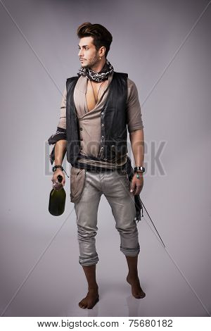 Full Body Shot Of Good Looking Young Man In Pirate Fashion Outfit