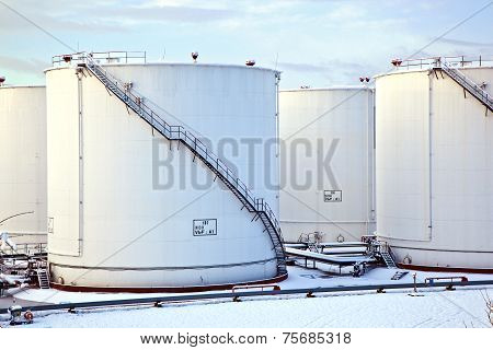White Tanks In Tank Farm With Snow In Winter