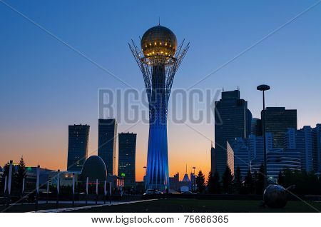 View Of Bayterek At Night. Astana