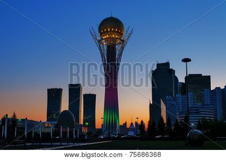 View Of Bayterek At Night. Astana