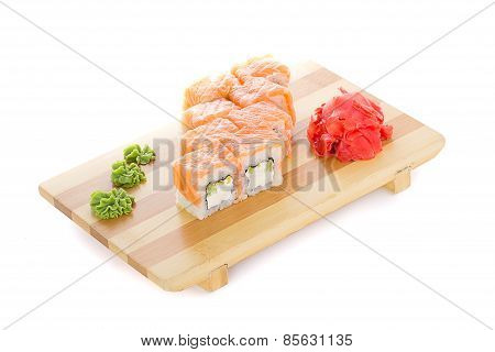 Philadelphia Sushi Roll With Ginger And Wasabi On Gete Isolated