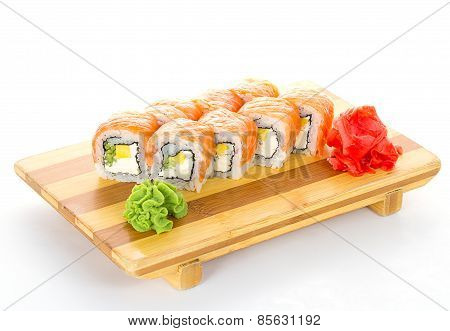 Philadelphia Sushi Roll With Ginger And Wasabi On Gete Isolated