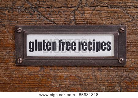 gluten free recipes - file cabinet label, bronze holder against grunge and scratched wood