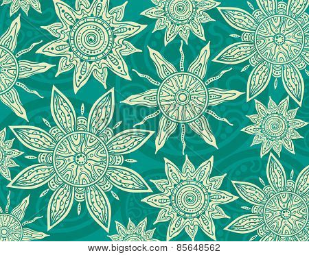 Vector background with ornament of the graphic suns.