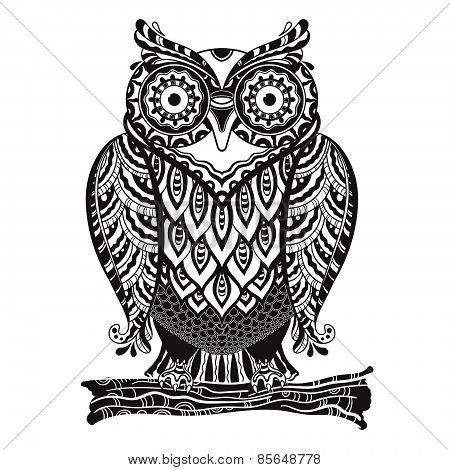 Vector illustration of beautiful monochrome decorative owl with a lot of details.