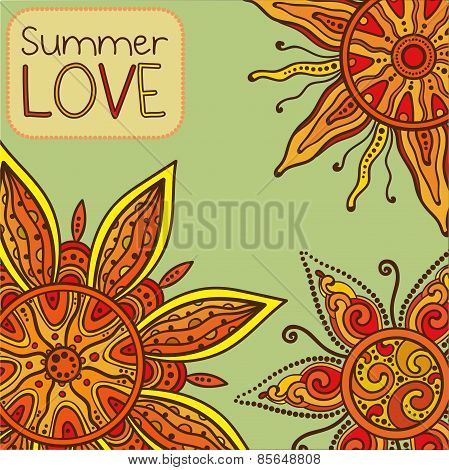 Vector background with ornament of the graphic suns Summer love