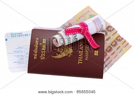 Thai electronic passport with Thai Baht and departure card, isolated on white background