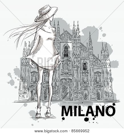 fashion sketch. Girl on a Milano Duomo  background