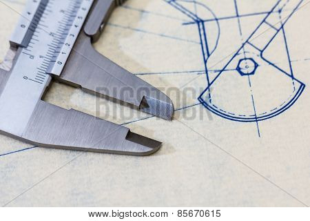 Very Detailed Mechanical Engineering Blueprint With Gauge / Calliper