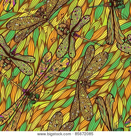 Seamless Hand Drawn Vintagel Pattern With Dragonflies