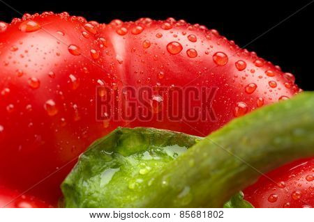 Macro Cut Shot Of Red Bell Pepper Background With Water Drops