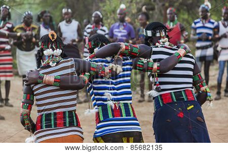 Boys And Girls At The Traditional Evangaty Ceremony. Turmi, Ethiopia