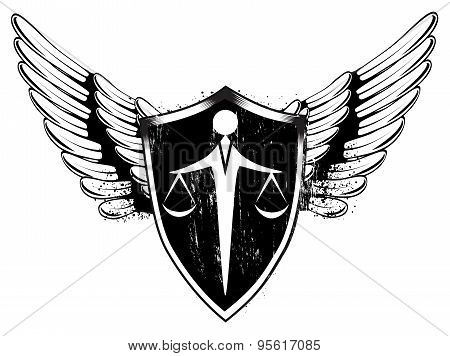 Scales and sword balance. Shield and wings.