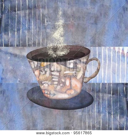 Painting  Patterned Cups Of Steaming Coffee Or Tea