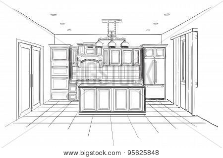 Interior Sketch Of Modern Kitchen With Island.