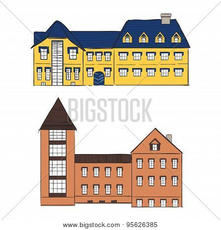 Cartoon Building In Old Town.