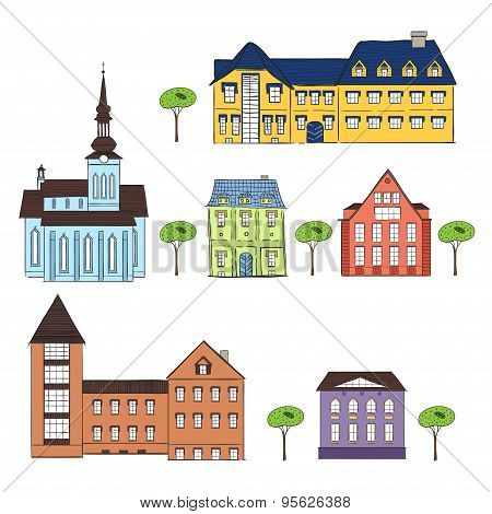 Cartoon Building In Old Town.