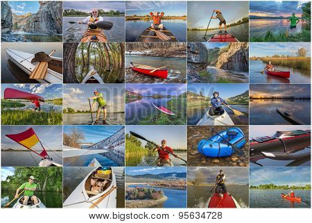 collection of paddling pictures from Colorado featuring variety of boats (kayak, canoe, outrigger,packraft, stand up paddleboard) and the same male model