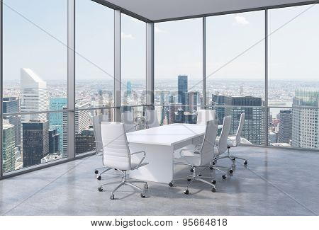 Panoramic Conference Room In Modern Office In New York City. White Chairs And A White Table. 3D Rend