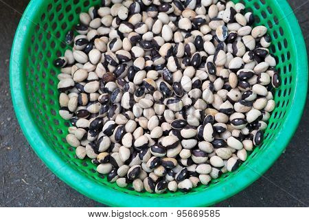 Close Up White Beans On Plastic Basket Sell In The Local Market Saigon, Vietnam