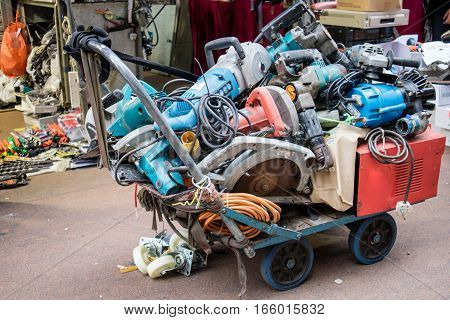 Second hand Powertool recycling in a market in Hong Kong