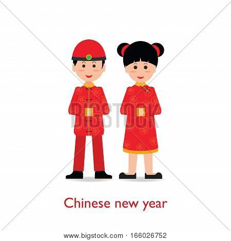 Chinese Boy and Girl dolls isolated on white background Chinese New Year cartoon character flat design vector illustration.