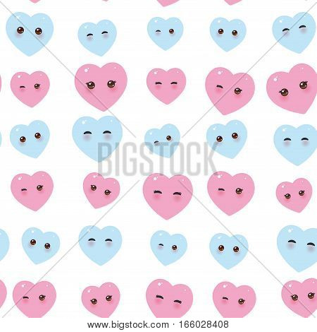 seamless pattern - Kawaii funny pink blue hearts with pink cheeks and winking eyes on white background. Vector illustration