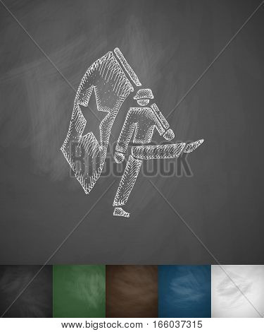 Marching with flag icon. Hand drawn vector illustration. Chalkboard Design
