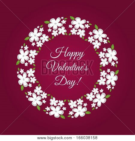 Congratulation Happy Valentine's Day! in a flower frame. White-gray flowers with green leaves. Purple background. Square card.