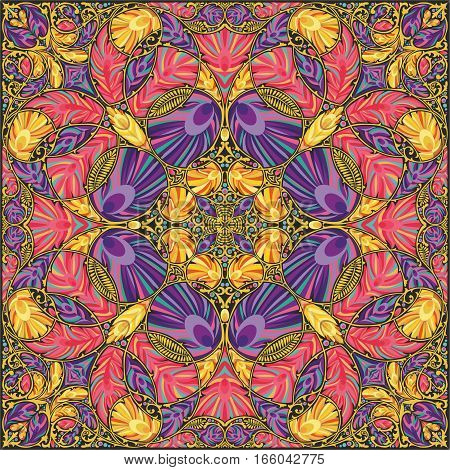 bright colorful feathers and plant elements in a complex pattern