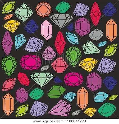 colorful diamonds and gemstones on a black background