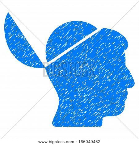 Open Brain grainy textured icon for overlay watermark stamps. Flat symbol with scratched texture. Dotted vector blue ink rubber seal stamp with grunge design on a white background.