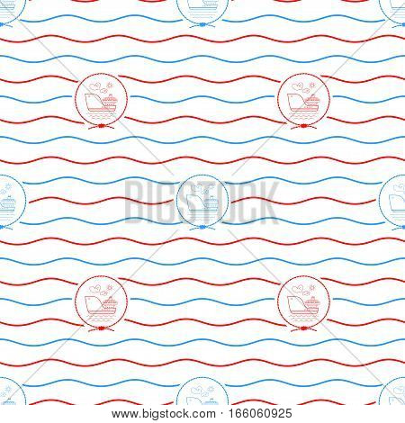 Seamless Pattern with Cargo Ship Emblem Blue and Red Barge on a Background of Red and Blue Waves Seamless Pattern with Marine Element for Web Design or Wallpaper or Fabric