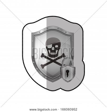 middle shadow sticker of pirate shield with skull and bones and padlock vector illustration