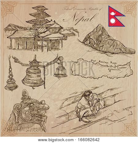Travel NEPAL. Pictures of Life. Vector hand drawn collection. Drawing pack of line art illustrations. Set of freehand sketches outlines. Traveling around Federal Democratic Republic of Nepal.