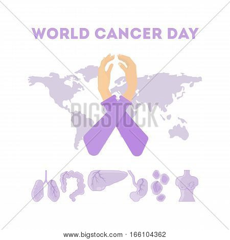 World cancer day. Hands holding and making World cancer day symbol on the world map background with body organs.