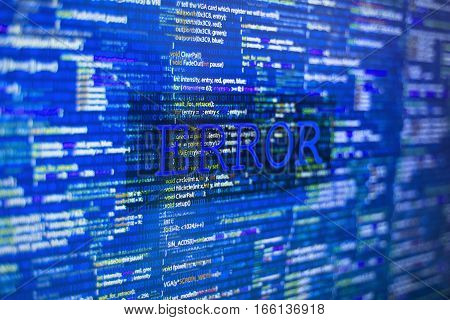 Error in program code listing, blue screenshot of crash on software developer screen