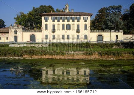 Cassinetta di Lugagnano (Milan Lombardy Italy): facade of the historic Villa Visconti Maineri along the canal known as Naviglio Grande of Turbigo