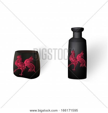 Flower vases, ikebana. With a picture of the cock. Isolated on white background with shadow. Vector illustration