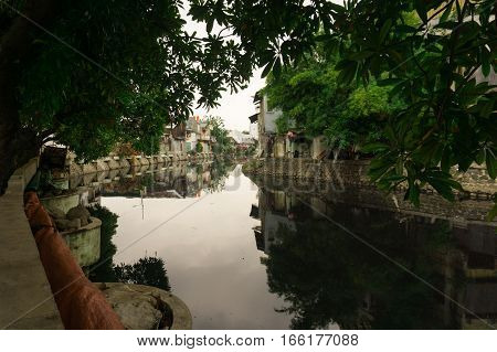 Dirty river surrounding with bushes and slums photo taken in Jakarta Indonesia java